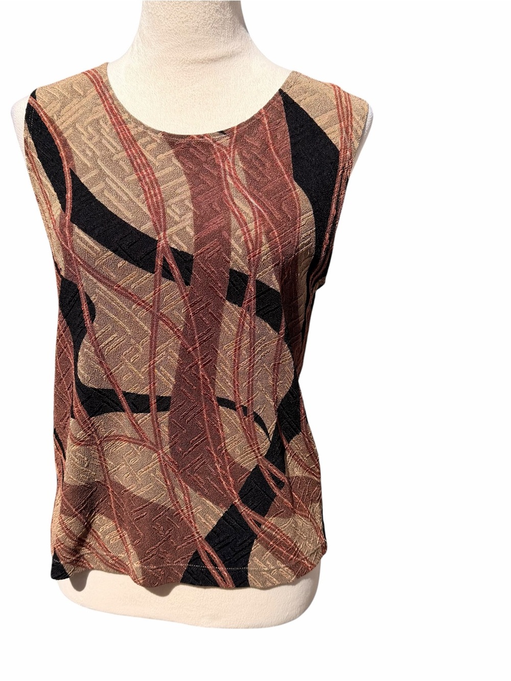 Chico’s Design Size 1 Medium Sleeveless Abstract Pattern Top in Rust Brown Black